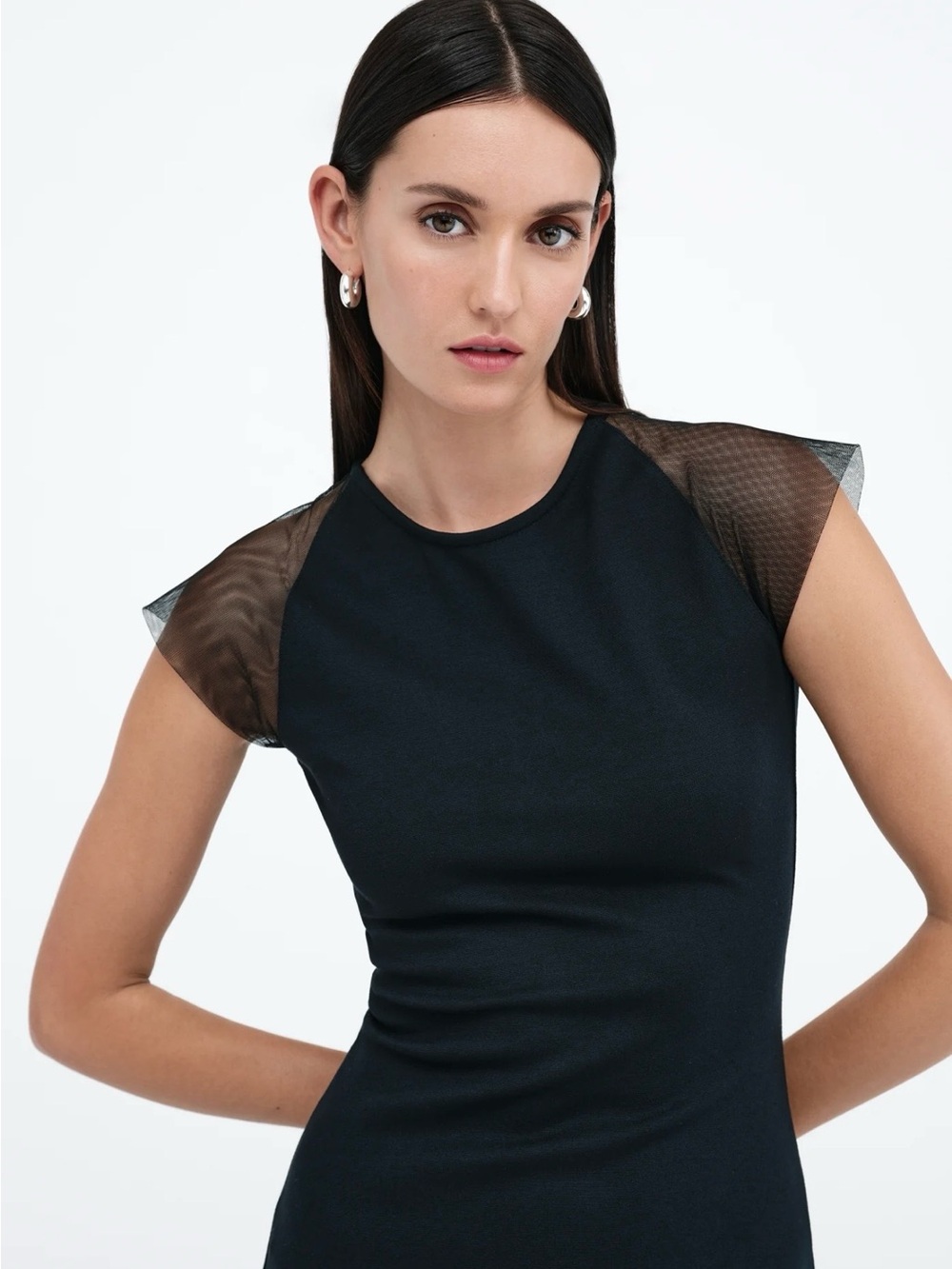 Marcella NYC Luxe Mesh Cap-Sleeve Top in Black Small